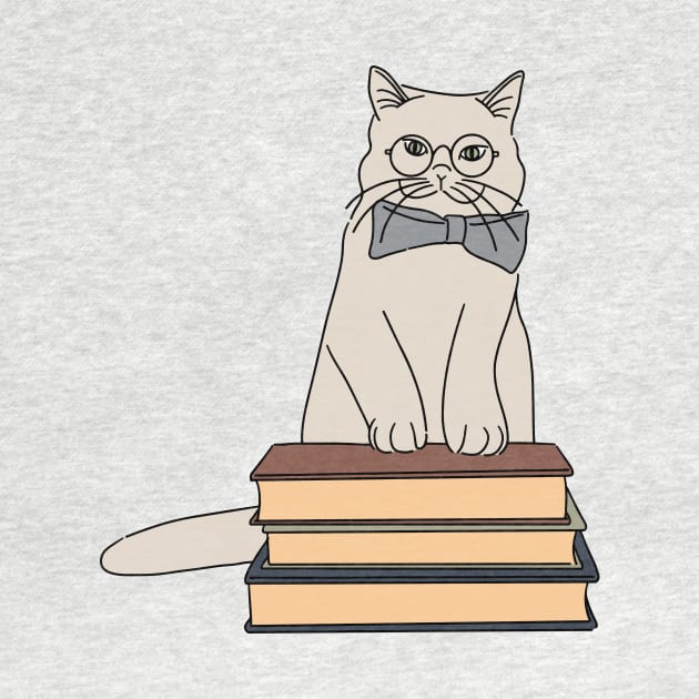 cute cat with spectacles and books digital illustration by LanaReen